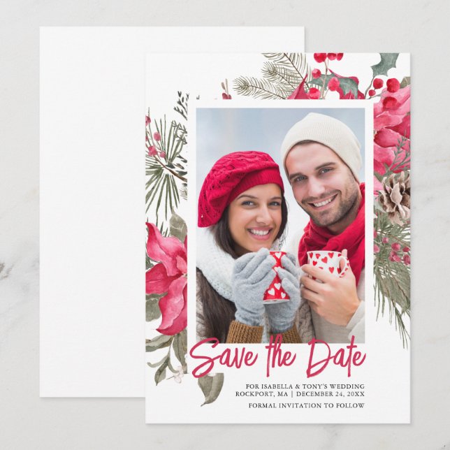 Christmas Poinsettia Red Floral Holly Pine Save The Date (Front/Back)