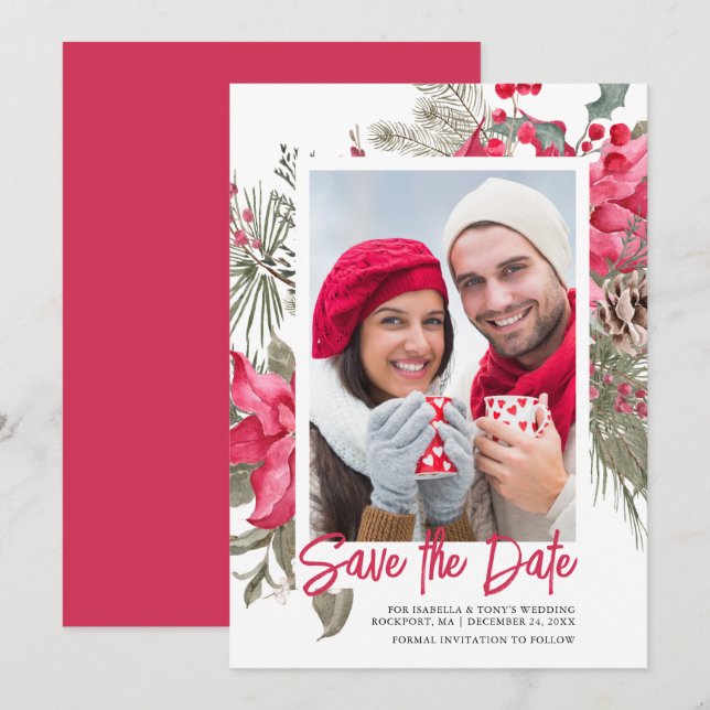 Christmas Poinsettia Red Floral Holly Pine Save The Date (Front/Back)