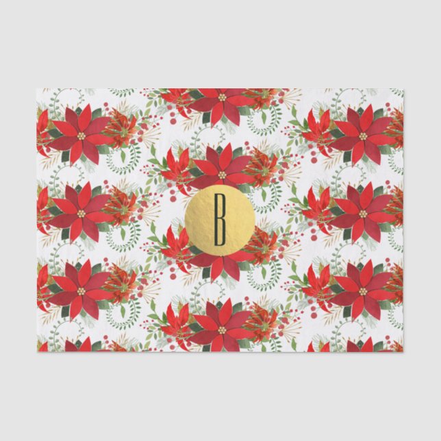 Christmas Poinsettia Red Gold Holiday Floral Tissue Paper (Front)
