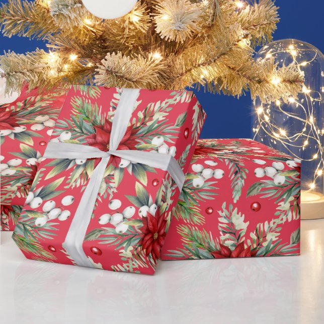 Christmas Poinsettia Red Green Classic Elegant Wrapping Paper (Holidays)