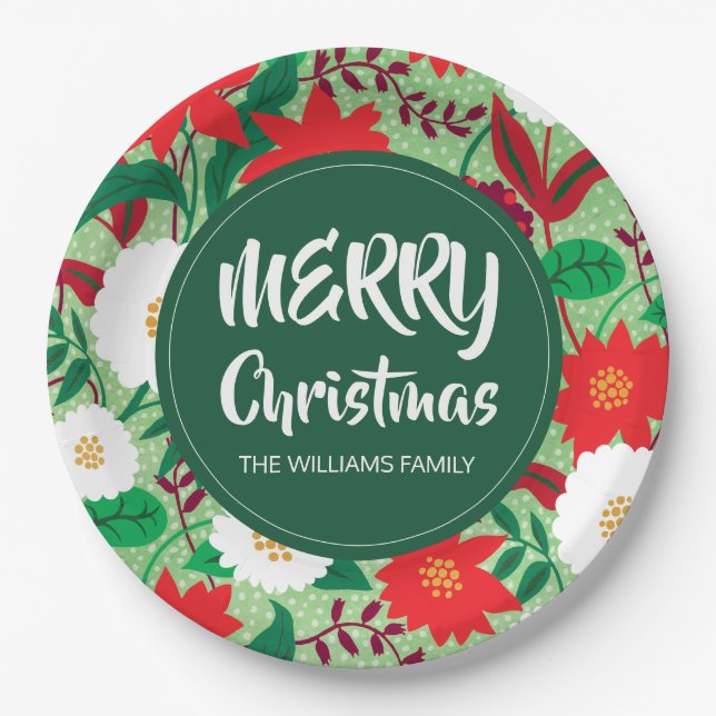 Christmas Poinsettia Red White Floral Monogram Paper Plates (Front)