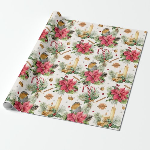 Christmas poinsettia robin candy canes candles wrapping paper