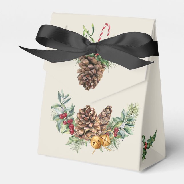 Christmas poinsettia, robin, pine, cones, holly favor boxes (Front Side)