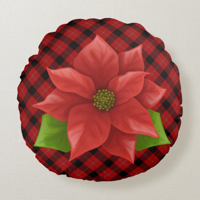 Christmas Poinsettia Round  Pillow (Front)