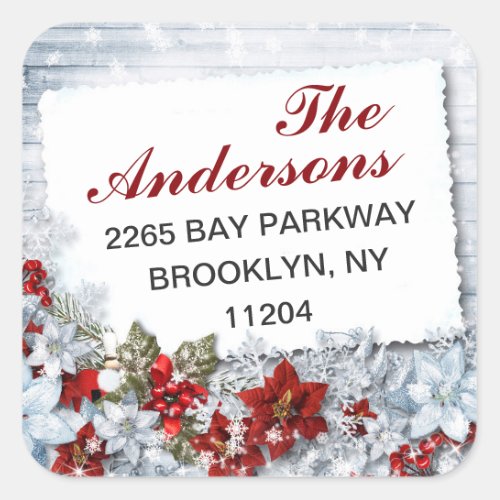 Christmas Poinsettia Rustic Holiday Return Address Square Sticker