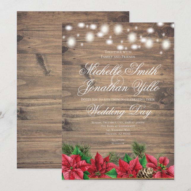 Christmas Poinsettia Rustic Winter Wedding Invitation (Front/Back)