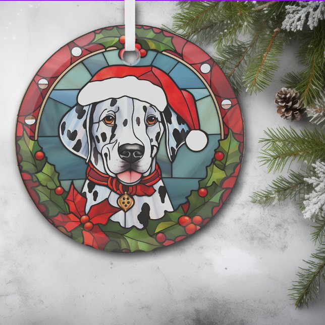 Christmas Poinsettia Santa Dalmatian Dog Glass Ornament (Creator Uploaded)