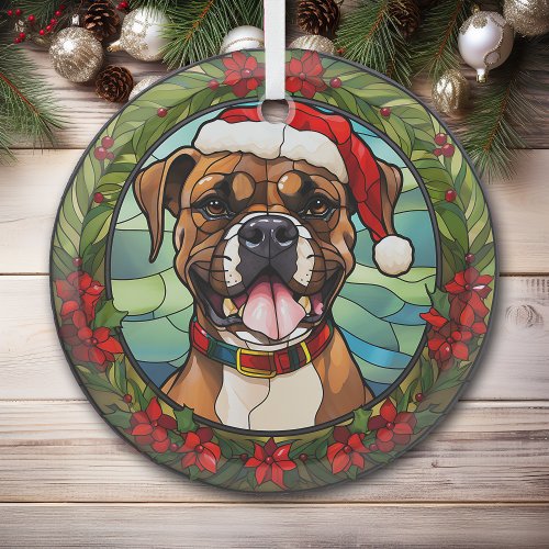 Christmas Poinsettia Santa Hat Boxer Dog Glass Ornament