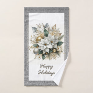 Christmas Poinsettia Silver Glitter Hand Towel