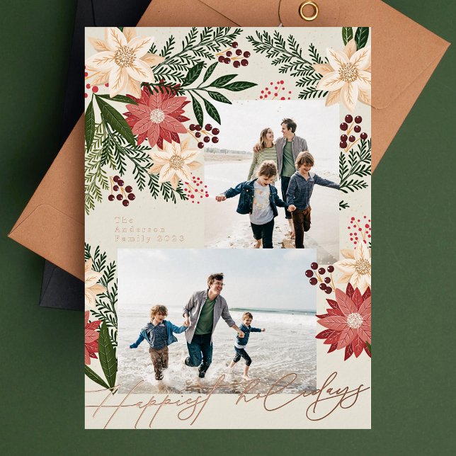 Christmas Poinsettia Splendor Photo Collage Foil Holiday Card (Creator Uploaded)