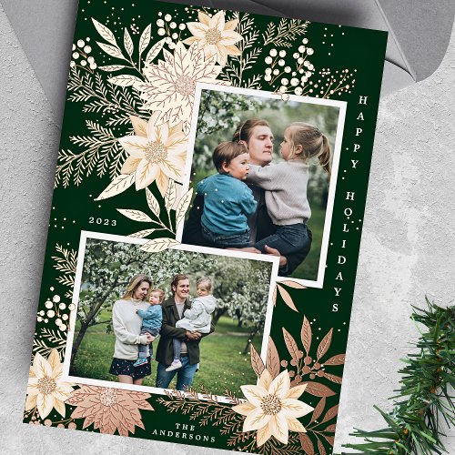 Christmas Poinsettia Splendor Photo Collage Foil Holiday Card