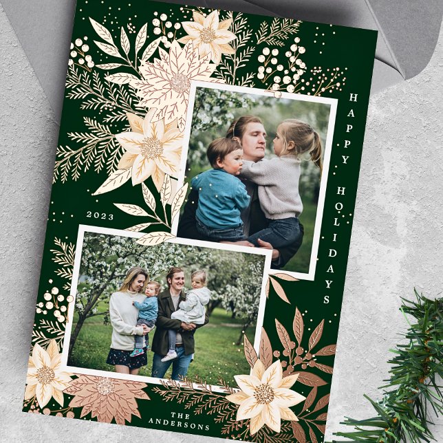 Christmas Poinsettia Splendor Photo Collage Foil Holiday Card (Creator Uploaded)