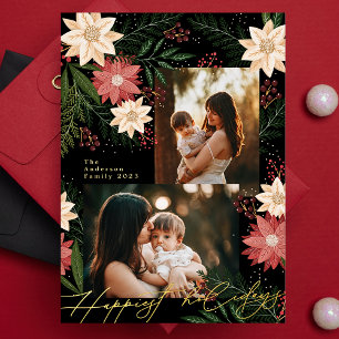 Christmas Poinsettia Splendor Photo Collage Foil Holiday Card