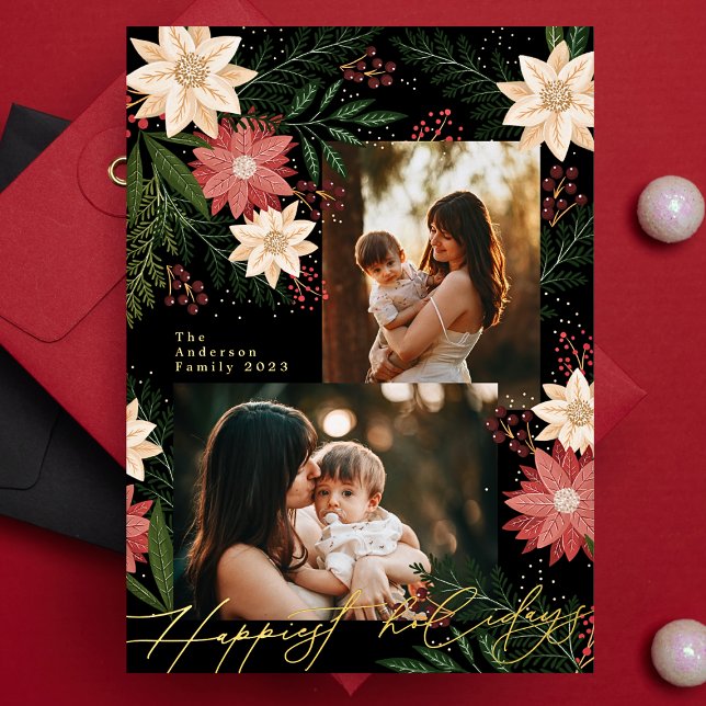 Christmas Poinsettia Splendor Photo Collage Foil Holiday Card (Creator Uploaded)