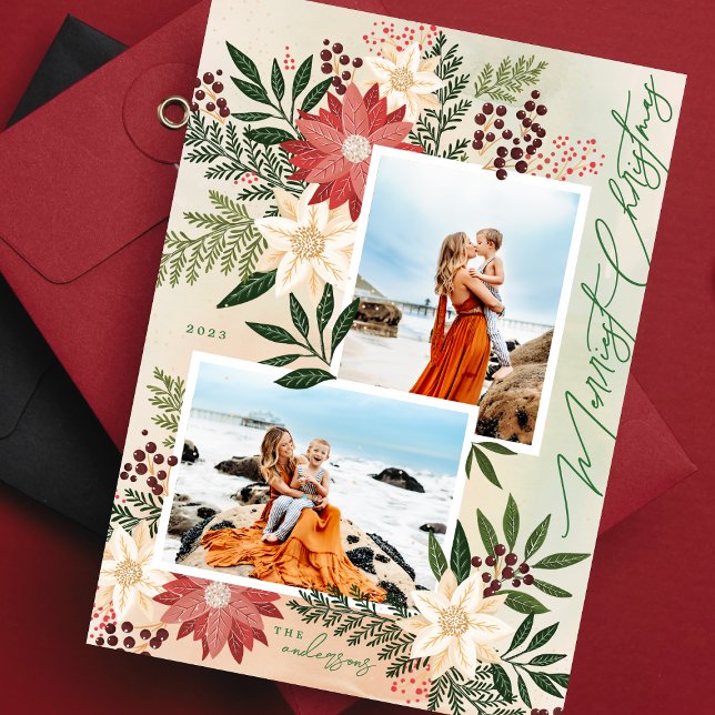 Christmas Poinsettia Splendor Photo Collage Holiday Card (Creator Uploaded)