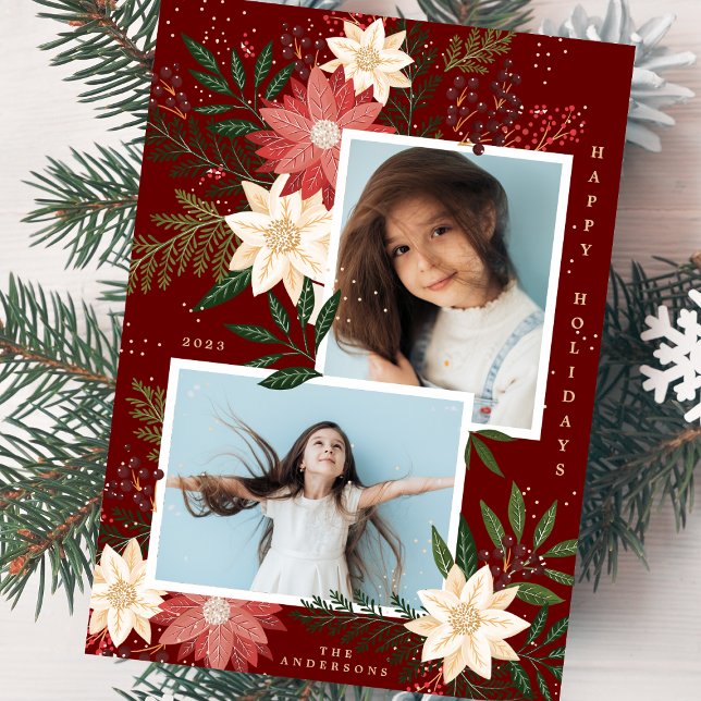 Christmas Poinsettia Splendor Photo Collage Holiday Card (Creator Uploaded)