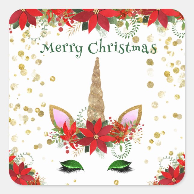 Christmas Poinsettia Unicorn Green Party Favors Square Sticker (Front)