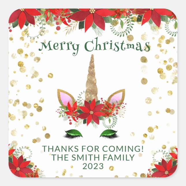 Christmas Poinsettia Unicorn Green Party Favors Square Sticker (Front)