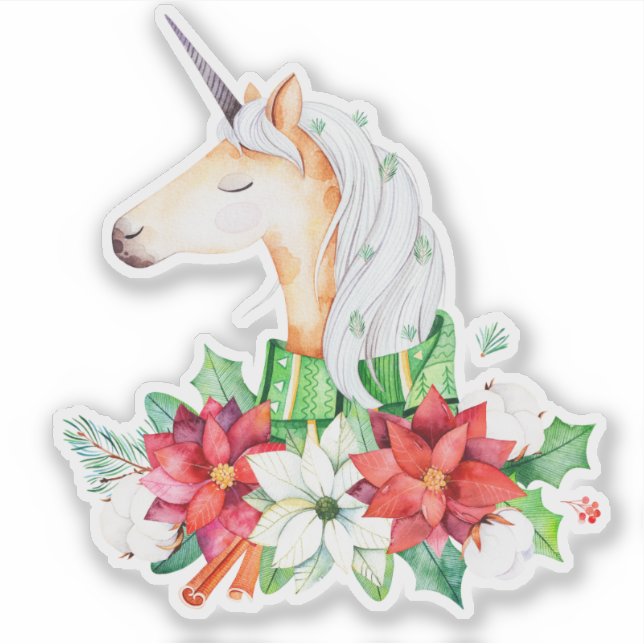 Christmas Poinsettia Unicorn Head Sticker (Front)