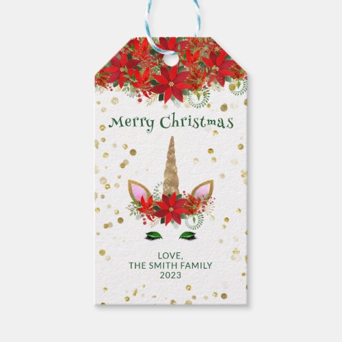 Christmas Poinsettia Unicorn with Green Font Party Gift Tags