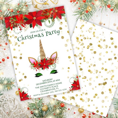 Christmas Poinsettia Unicorn with Green Font Party Invitation