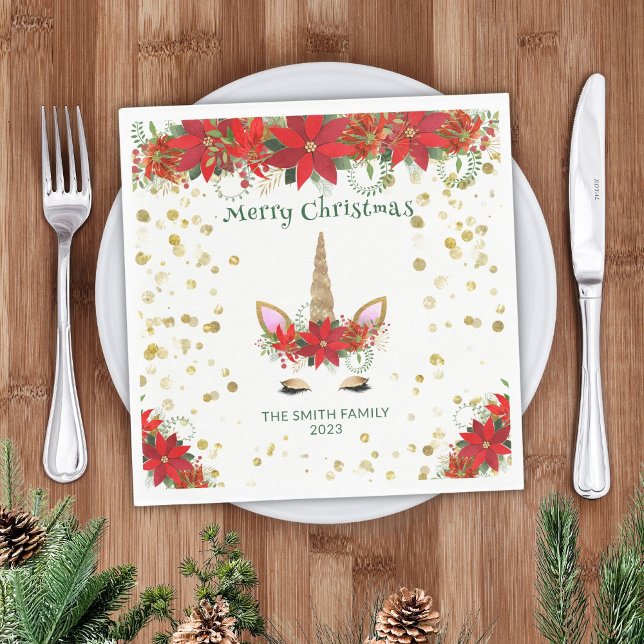 Christmas Poinsettia Unicorn with Green Font Party Napkins (Creator Uploaded)