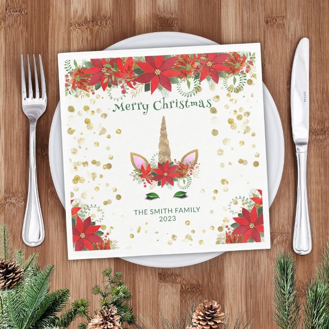 Christmas Poinsettia Unicorn with Green Font Party Napkins (Creator Uploaded)