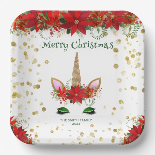 Christmas Poinsettia Unicorn with Green Font Party Paper Plates
