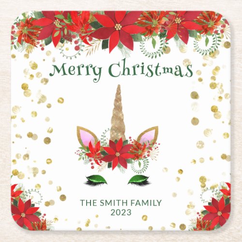 Christmas Poinsettia Unicorn with Green Font Party Square Paper Coaster