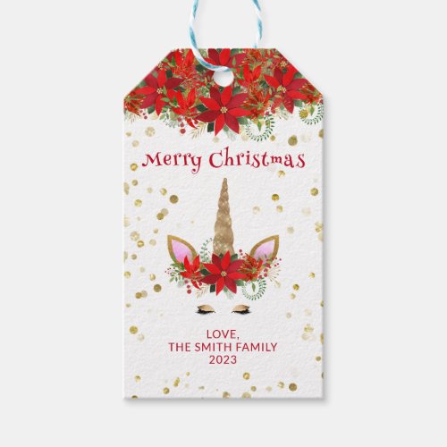 Christmas Poinsettia Unicorn with Red Font Party Gift Tags
