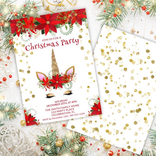Christmas Poinsettia Unicorn with Red Font Party Invitation