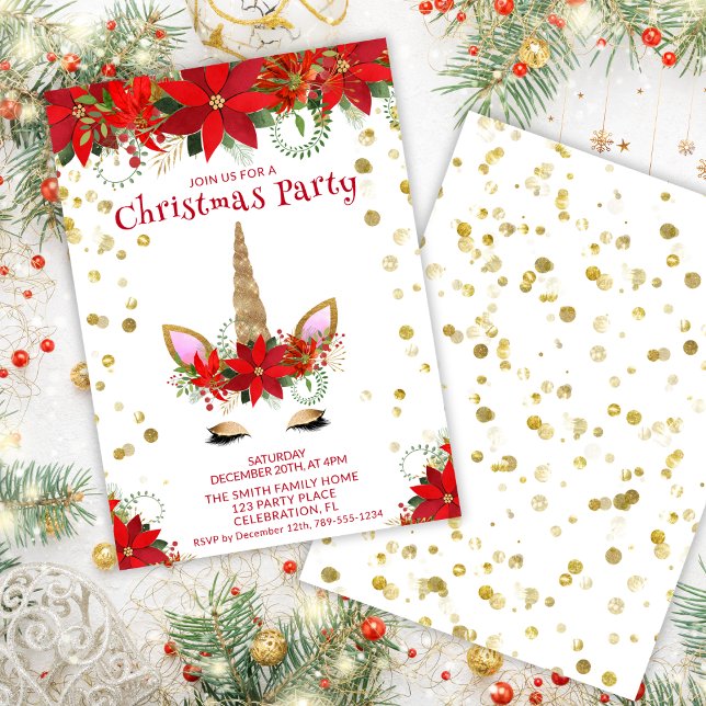 Christmas Poinsettia Unicorn with Red Font Party Invitation (Creator Uploaded)