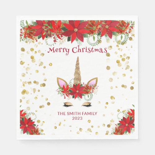 Christmas Poinsettia Unicorn with Red Font Party Napkins