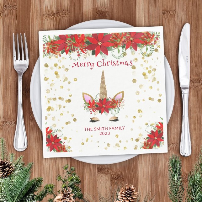 Christmas Poinsettia Unicorn with Red Font Party Napkins (Creator Uploaded)