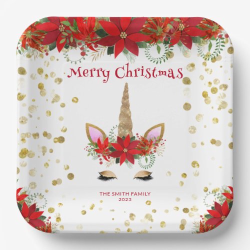 Christmas Poinsettia Unicorn with Red Font Party Paper Plates