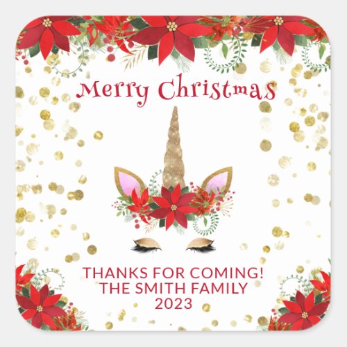 Christmas Poinsettia Unicorn with Red Party Favors Square Sticker