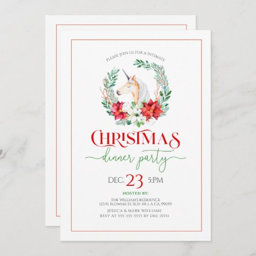 Christmas poinsettia  unicorn wreath party invite