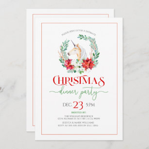 Christmas poinsettia & unicorn wreath party invite