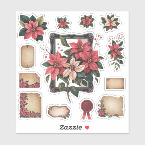 Christmas Poinsettia Vintage Ephemera Stickers