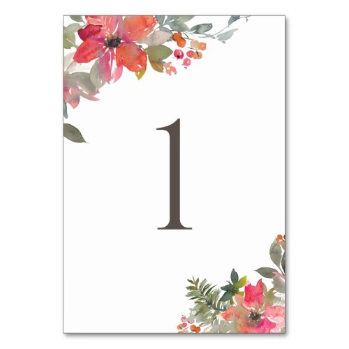 Christmas Poinsettia Watercolor Floral Wedding Table Number