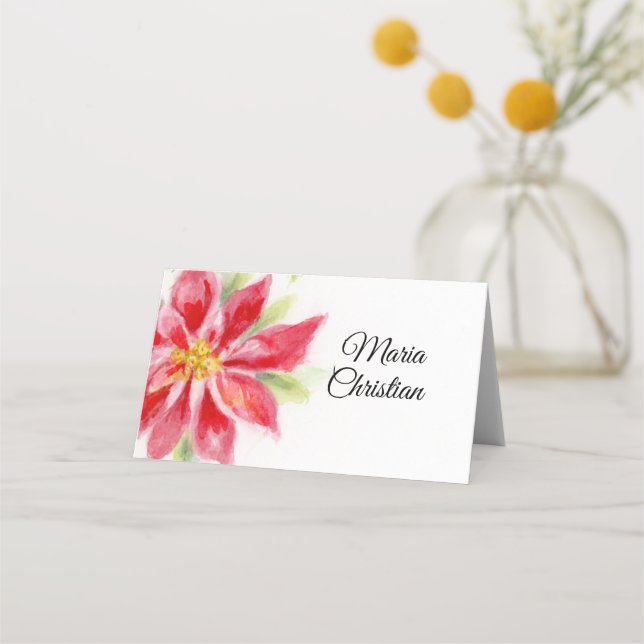 Christmas Poinsettia Watercolor Folded Place Card (Front)