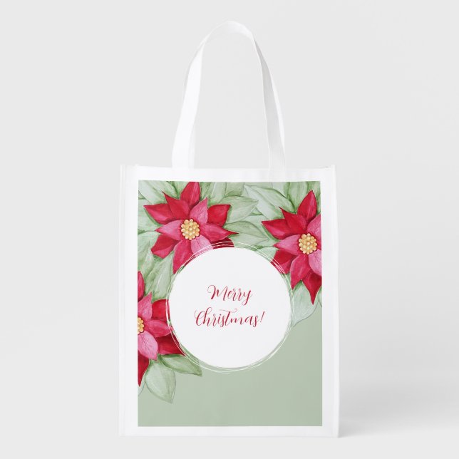 Christmas Poinsettia Watercolor Hand-painted Grocery Bag (Front)