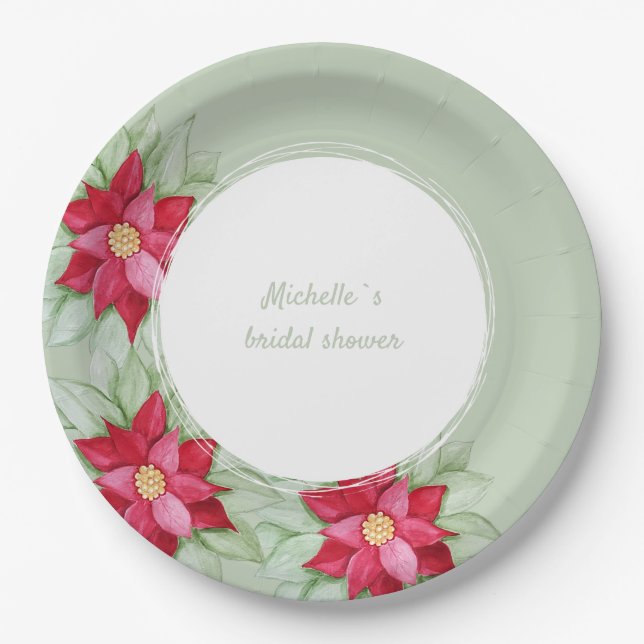 Christmas Poinsettia Watercolor Hand-painted Paper Plates (Front)