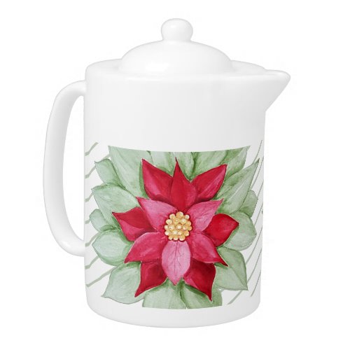 Christmas Poinsettia Watercolor Hand_painted Teapot