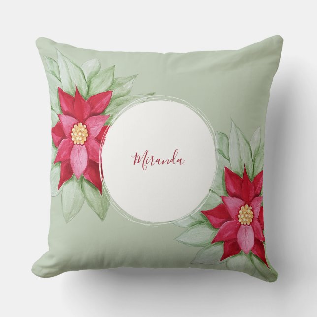 Christmas Poinsettia Watercolor Hand-painted Throw Pillow (Front)