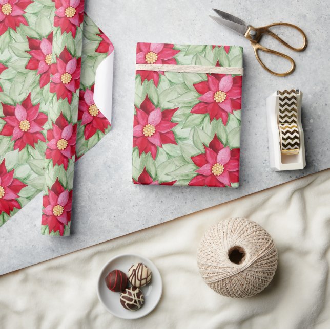 Christmas Poinsettia Watercolor Hand-painted Wrapping Paper (Crafts)