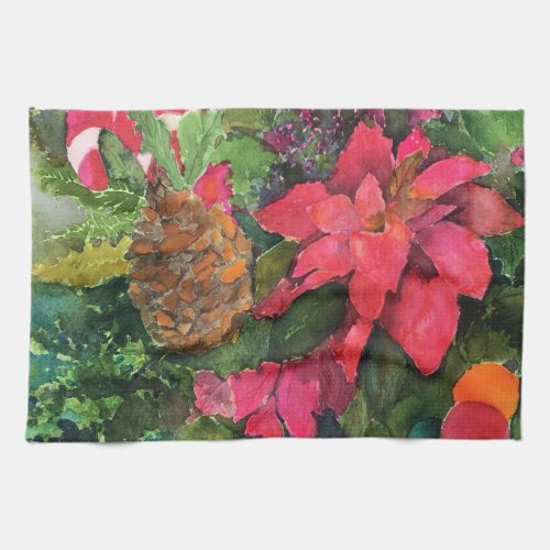 Christmas Poinsettia Watercolor Kitchen Towel