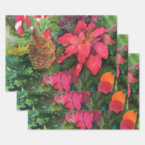 Christmas Poinsettia Watercolor Wrapping Paper Sheets