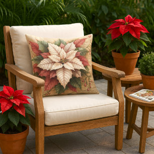 Christmas Poinsettia White and Red Porch or Patio  Outdoor Pillow