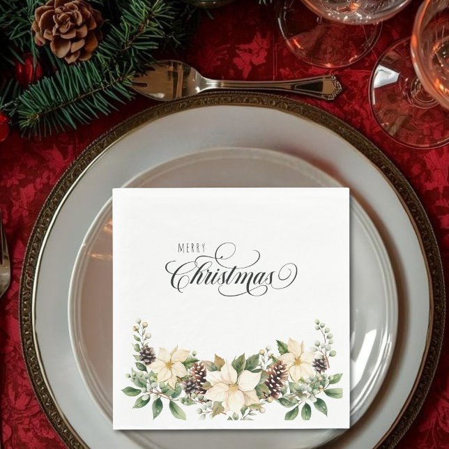  Christmas Poinsettia white   Napkins (Christmas Poinsettia white Napkins)